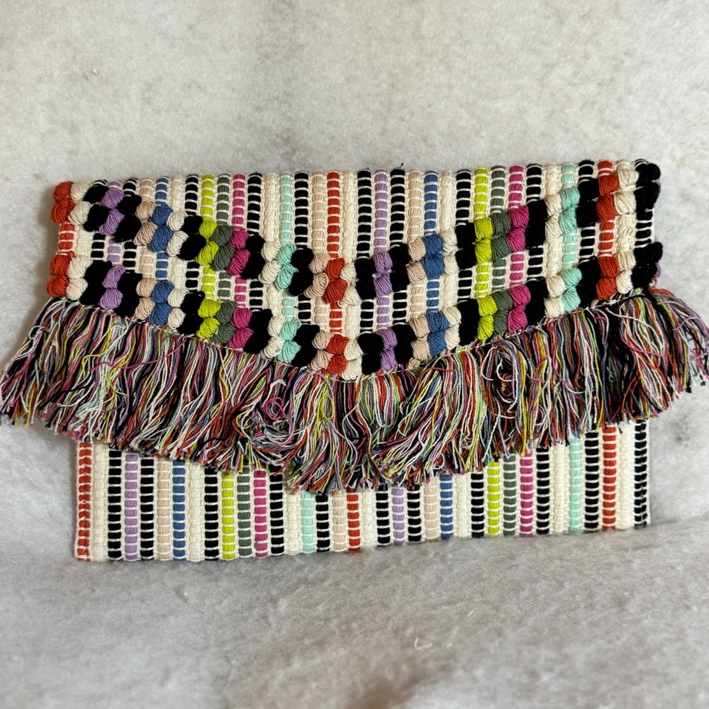 Anthropologie Stella Dot Woven Fringe Clutch‎ Rainbow Striped Boho Multicolor